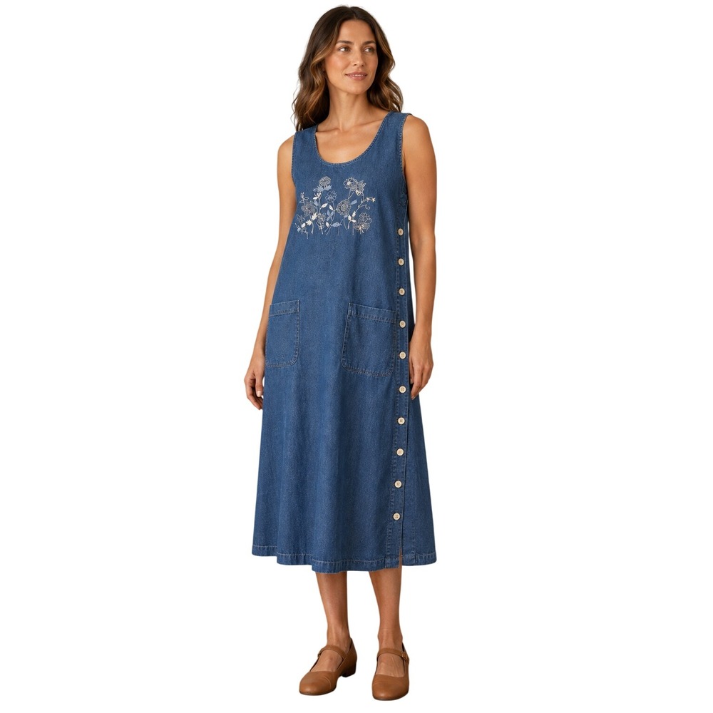 Casey & Max Vintage 90s Denim Jumper Dress M Floral Embroidered Modest Prairie